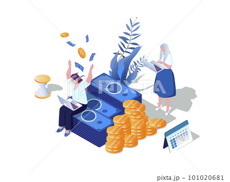 Easy loan concept 3d isometric web scene. People get instant personal bank loan and using special financial credit program for secure finance investment. Vector illustration in isometry graphic design 101020681