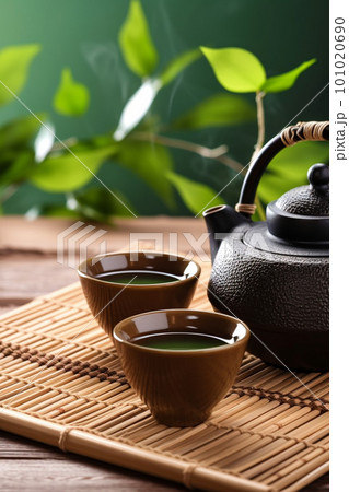 Asian tea set. Hot tea in pot and teacups. Japanese teapot and cups on  bamboo mat Stock Photo - Alamy