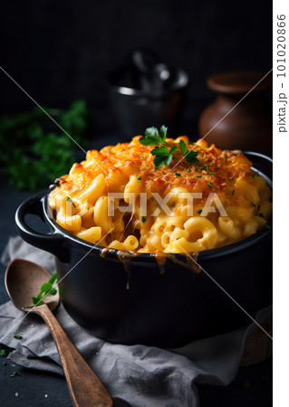Mac and cheese. Classic American rustic mac and cheese. Golden baked macaroni with cheddar 101020866