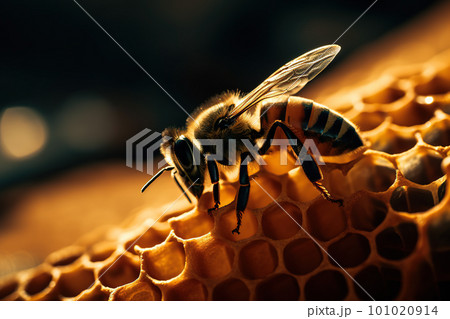 Detailed macro image of a bee collecting honey in a beehive. Bee on a honeycomb in a hive Detailed macro image of a bee collecting honey in a beehive. Bee on a honeycomb in a hive 101020914