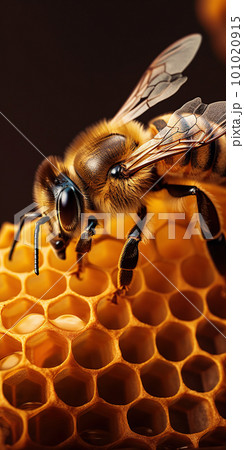 Detailed macro image of a bee collecting honey in a beehive. Bee on a honeycomb in a hive Detailed macro image of a bee collecting honey in a beehive. Bee on a honeycomb in a hive 101020915