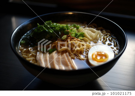 Ramen. Japanese ramen noodle soup in black bowl Ramen. Japanese ramen noodle soup in black bowl 101021175