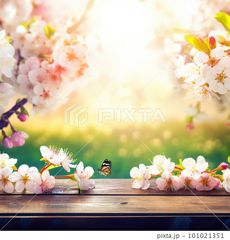 Spring background with empty wooden table. Natural template for product display with cherry blossoms bokeh and sunlight. Wooden table in spring blooming cherry orchard with butterflies 101021351