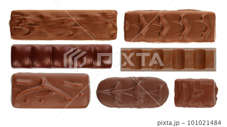 Set of Different Chocolate Bars, top view, isolated on white background Set of Different Chocolate Bars, top view, isolated on white background 101021484