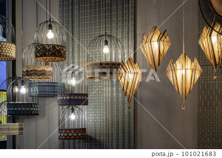 Softly shining hanged lamps decor design for living room. 101021683