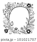 Wreath of black flowers in doodle style on a white background. Round frame for the label. Decoration for wedding cards 101021707