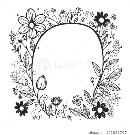 Wreath of black flowers in doodle style on a white background. Round frame for the label. Decoration for wedding cards Wreath of black flowers in doodle style on a white background. Round frame for the label. Decoration for wedding cards 101021707