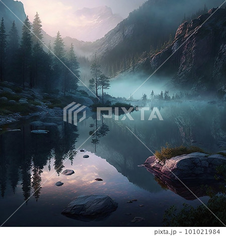 Beautiful natural landscape mountain lake, early morning, dawn, forest, fog over the lake	 101021984