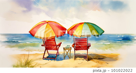 Beautiful beach banner. White sand, chairs and umbrella travel tourism wide panorama background concept. Amazing beach watercolor landscape watercolor painting 101022022
