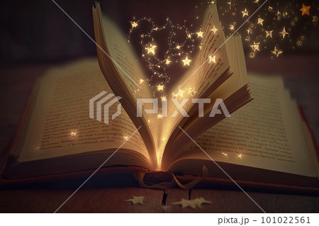 Open magical book with glowing lights over pages on abstract background. Fantasy reading. Created with Generative AI Open magical book with glowing lights over pages on abstract background. Fantasy reading. Created with Generative AI 101022561