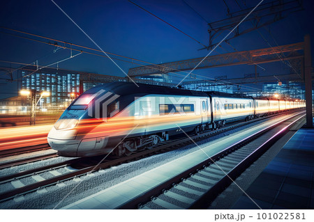 Modern high speed train at night. Fast train in city with motion blur effect, Public transport. Railway transportation. Created with Generative AI Modern high speed train at night. Fast train in city with motion blur effect, Public transport. Railway transportation. Created with Generative AI 101022581