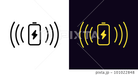 Outline wireless battery charging icon, with editable stroke. Battery with lightning sign and waves, wireless electric charger. Inductive dock station for charging devices. Outline wireless battery charging icon, with editable stroke. Battery with lightning sign and waves, wireless electric charger. Inductive dock station for charging devices. 101022848
