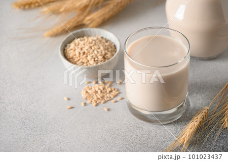 Vegan Barley milk in glass, plant based milk replacer. 101023437