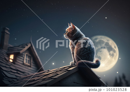 綺麗な夜空に輝く月と猫のイラスト素材 [101023528] - PIXTA