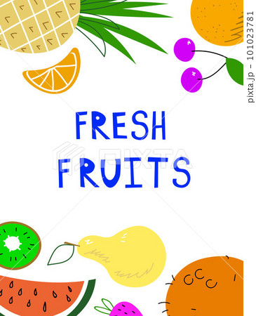 Fruit card text Fresh Fruits. Organic food restaurant and support farmers market concept. Tropical Design with Exotic Fruits for Fabric, T-shirt, Posters, Covers. Vector illustration EPS 101023781