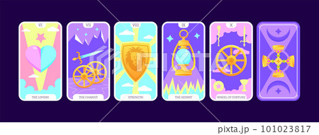 Tarot cards flat deck cartoon. Taro card major arcanas Include of lovers, chariot, strength, hermit, and wheel of fortune occult vector game set. Full pack with esoteric magic and astrology symbols 101023817