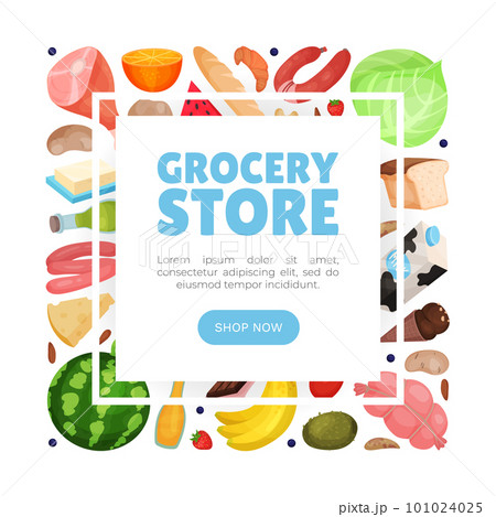 Grocery Market Design with Products and Fresh Food Vector Template 101024025
