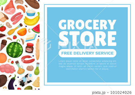 Grocery Market Design with Products and Fresh Food Vector Template 101024026