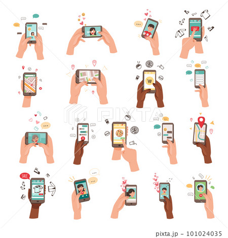 Hand Holding Phone Text Messaging, Watching Video, Purchasing Using Internet Big Vector Set Hand Holding Phone Text Messaging, Watching Video, Purchasing Using Internet Big Vector Set 101024035