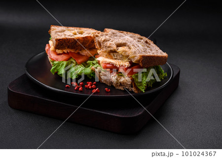 Delicious sandwich with crispy toast, chicken, tomatoes and lettuce 101024367