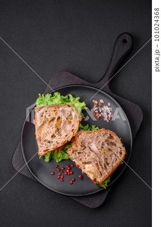 Delicious sandwich with crispy toast, chicken, tomatoes and lettuce 101024368