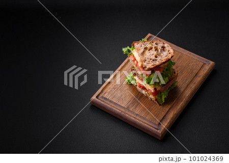 Delicious sandwich with crispy toast, chicken, tomatoes and lettuce 101024369