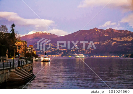 a small ship runs from one settlement to another heading to Como 101024660