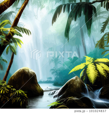 Beautiful cartoon forest tropical jungle with wildlife waterfall landscape 101024837
