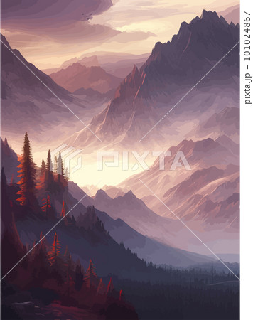 Mountain and lake Landscape. Cartoon rocky mountains, forest and river scene. 101024867