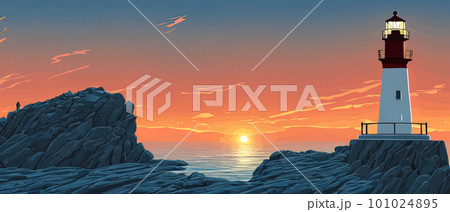 Lighthouse by sea. Tall building on hill and beautiful scenery. 101024895