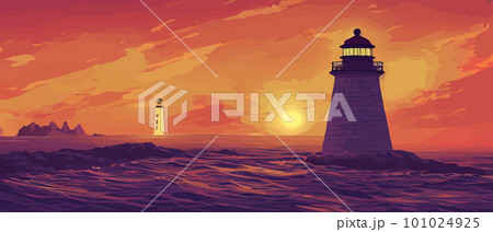 Lighthouse by sea. Tall building on hill and beautiful scenery. 101024925