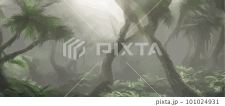 Tropical foggy forest with palm trees and green leaves. Banner for the travel Tropical foggy forest with palm trees and green leaves. Banner for the travel 101024931