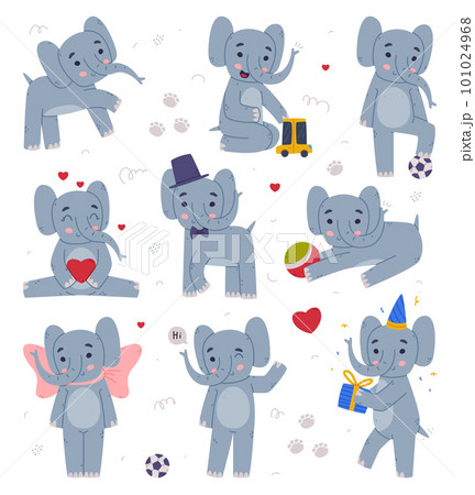 Funny Elephant with Large Ear Flaps and Trunk Engaged in Different Activity Vector Set Funny Elephant with Large Ear Flaps and Trunk Engaged in Different Activity Vector Set 101024968