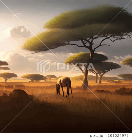 African savanna landscape, African wildlife cartoon with green trees, rocks 101024972