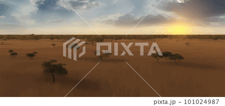 Wild savanna landscape. Savannah, wild African nature with trees, grass, sand Wild savanna landscape. Savannah, wild African nature with trees, grass, sand 101024987