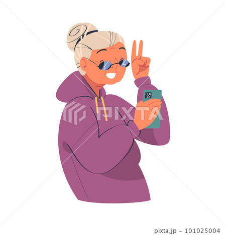 Active senior lady blogger doing victory sign hand gesture while streaming online video or taking photo portrait. Elderly people video communication vector illustration 101025004