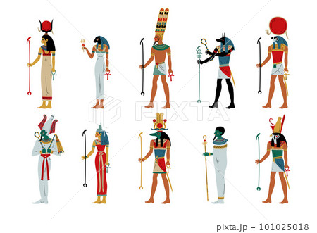 Set of Egyptian gods and goddesses. Osiris, Horus, Ra, Hathor, Ptah, Sekhmet, Maat ancient Egyptian deities vector illustration 101025018