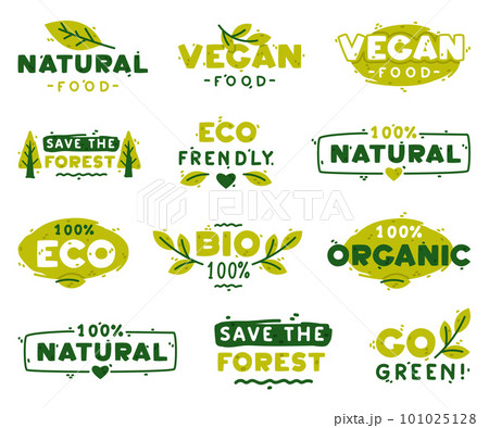 Ecology Badges and Green Eco Labels for Bio and Organic Product Vector Set 101025128