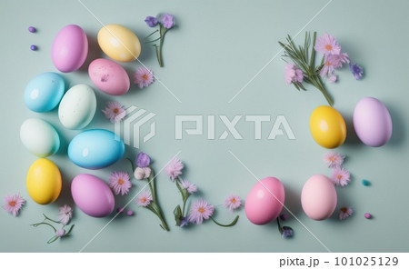 Minimalist, modern Easter background with flowers and Easter eggs in pastel 101025129