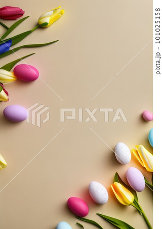 Colorful tulips and eggs lying on teal beige background with copy space 101025158