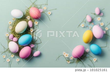 Minimalist, modern Easter background with flowers and Easter eggs in pastel 101025161
