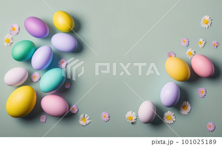 Happy easter background with flowers and eggs lined with a frame for text 101025189