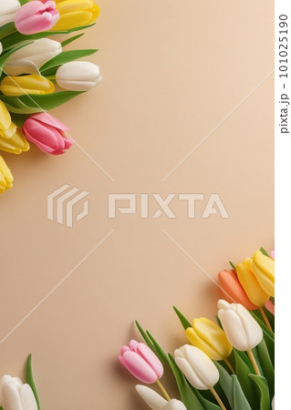 Colorful tulips and eggs lying on teal beige background with copy space 101025190
