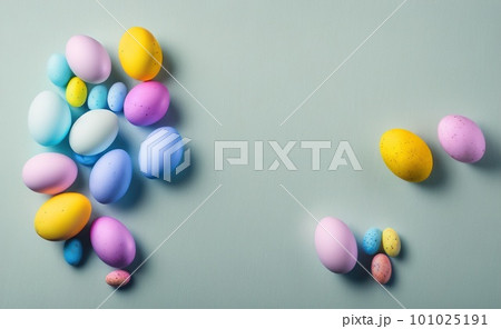 Minimalist, modern Easter background with flowers and Easter eggs in pastel 101025191