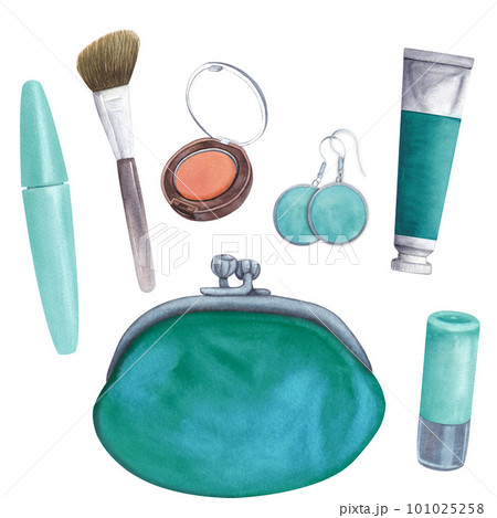 Set of beauty fashion illustrations on a white background. Mascara, blush and brush, lipstick and lip gloss in a cosmetic bag. Suitable for postcards. Watercolor hand drawn. Turquoise. Silver 101025258