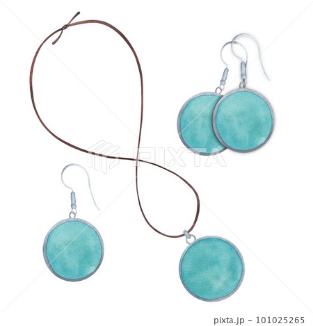 Set of beauty fashion watercolor illustrations with turquoise earrings and a silver pendant on a white background. Suitable for postcards. Hand drawn Set of beauty fashion watercolor illustrations with turquoise earrings and a silver pendant on a white background. Suitable for postcards. Hand drawn 101025265