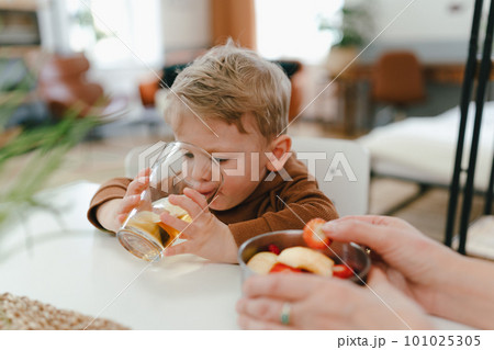 Little boy drinking tea, having snack with his grandmother. Little boy drinking tea, having snack with his grandmother. 101025305