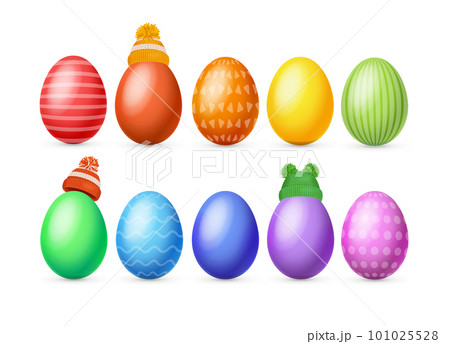 Realistic Detailed 3d Different Color Easter Egg and Knitted Hat Set. Vector Realistic Detailed 3d Different Color Easter Egg and Knitted Hat Set. Vector 101025528