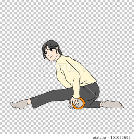 一位女士用泡沫軸放鬆左大腿根部 101025692