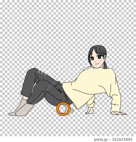 フォームローラーで左お尻をほぐす女性 フォームローラーで左お尻をほぐす女性 101025695